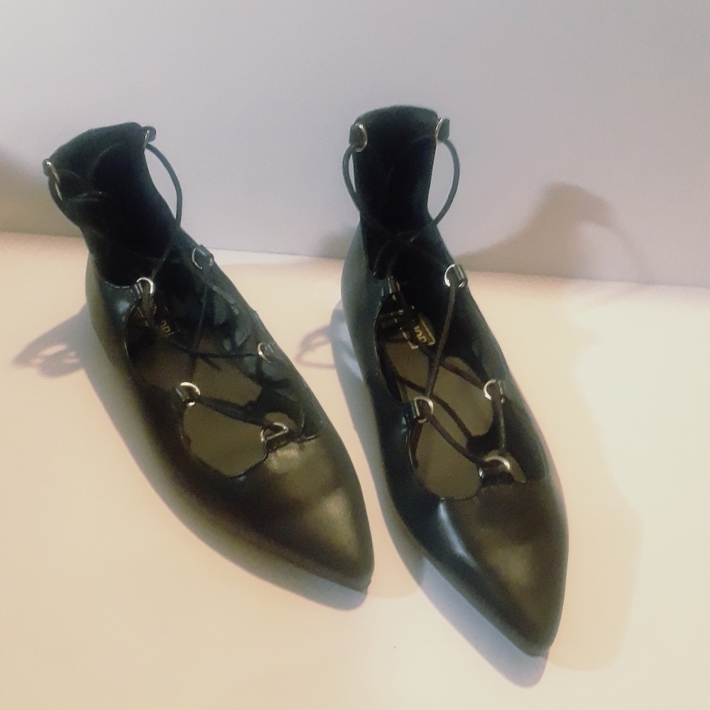 Topshop Point Lace Tie Ballet Flats Black